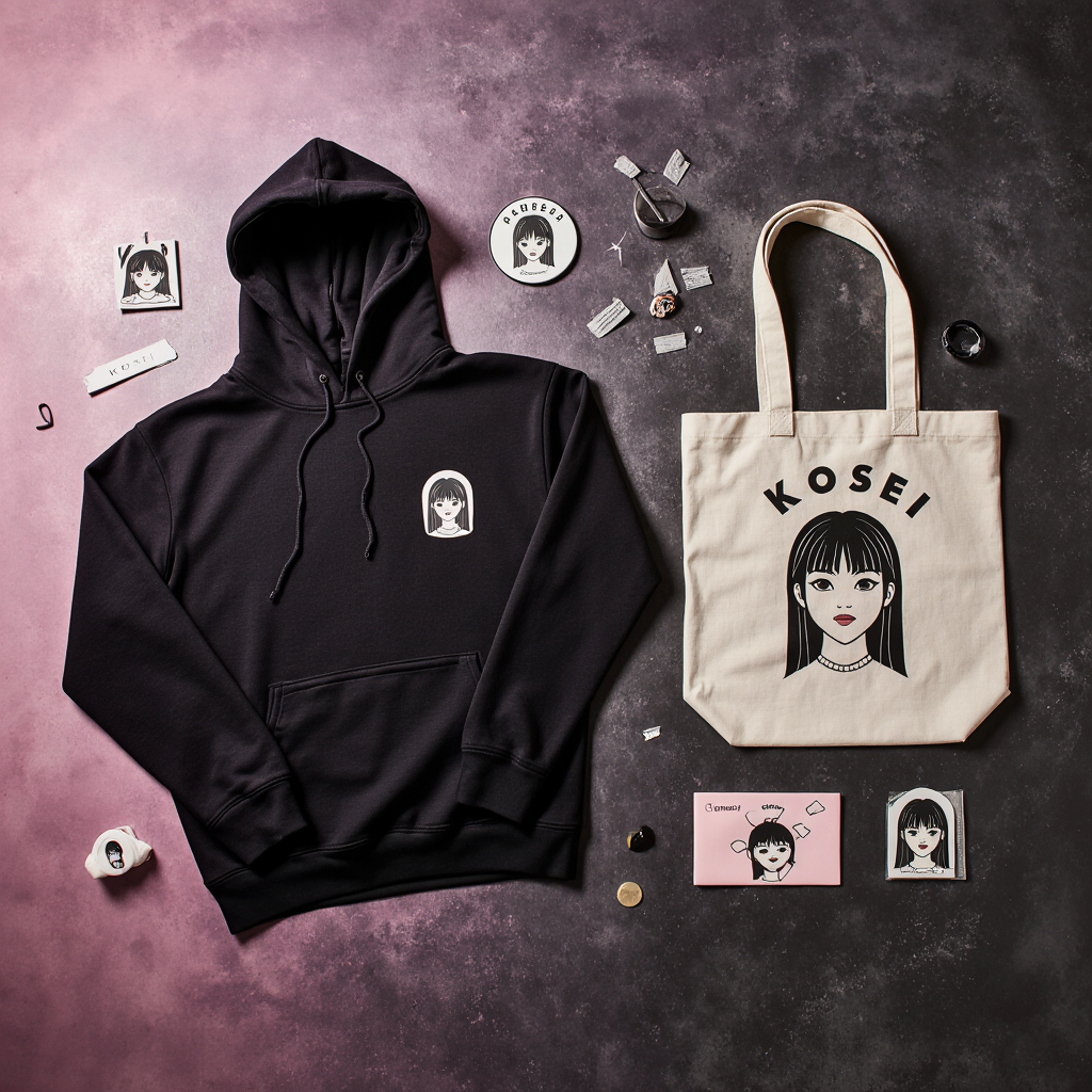 Kosei merch concept — hoodie, tote bag and accessories