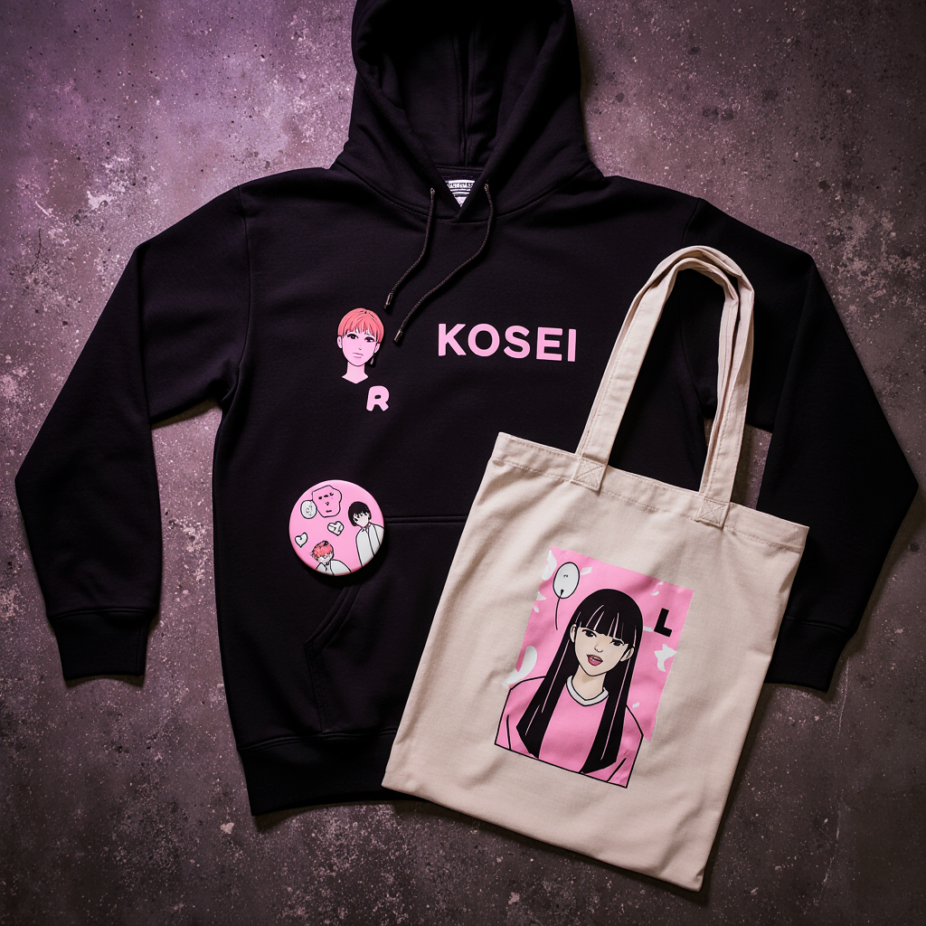 Kosei merch concept — hoodie and tote bag with anime artwork
