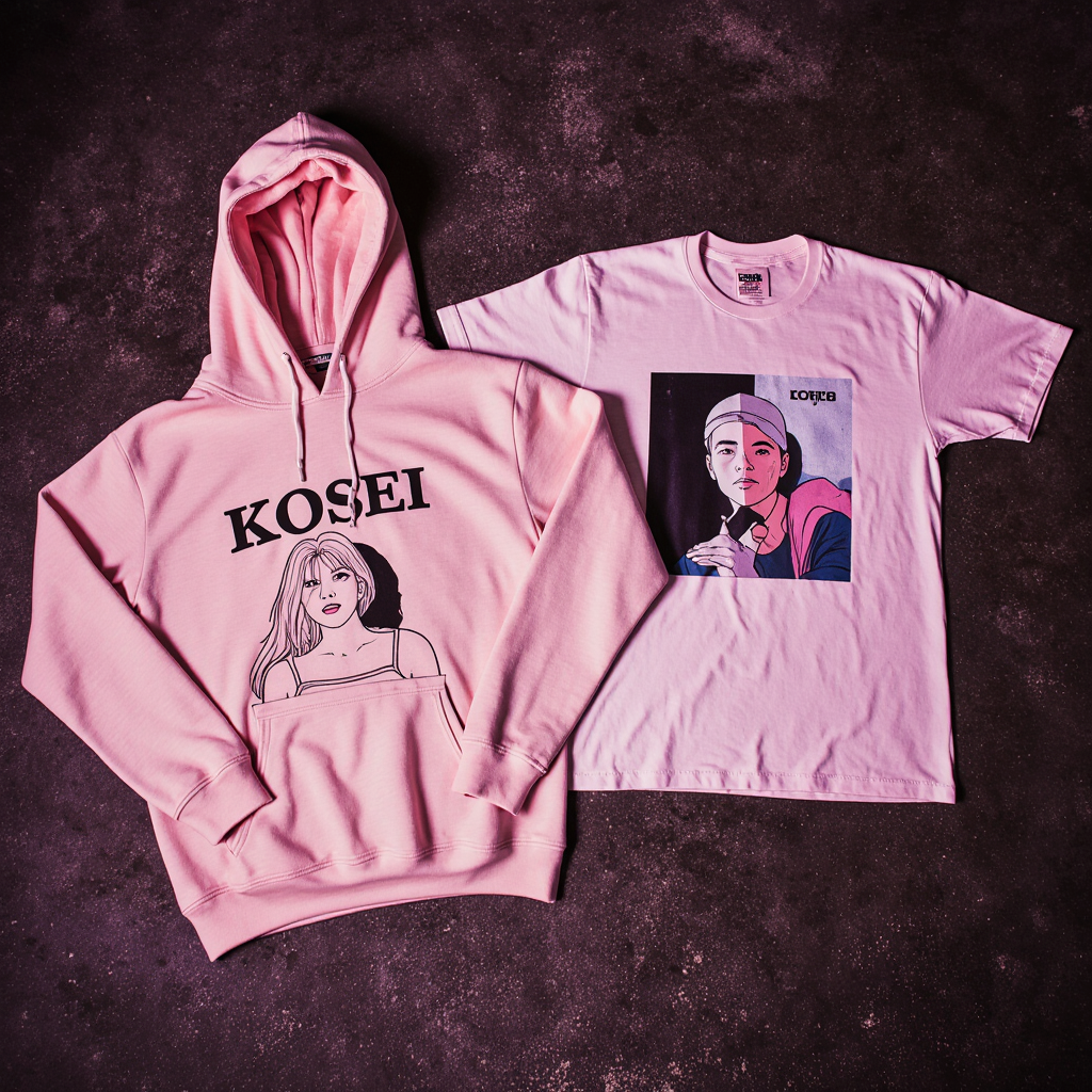 Kosei merch concept — pink hoodie and t-shirt