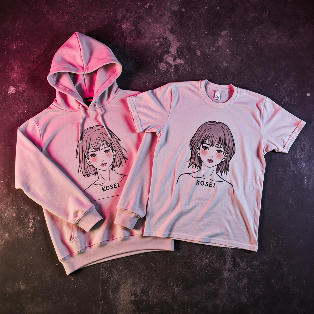 Kosei merch concept — matching pink hoodie and t-shirt set